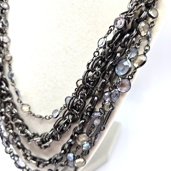 VINTAGE Talbots Gun Metal Multi Strand Chain Clear Stone Beaded Necklace - Picture 2 of 7